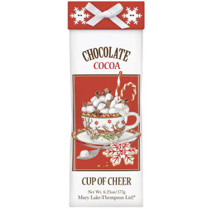 Rectangular Holiday Cocoa packaging featuring a teacup illustration with marshmallows and a candy cane, topped with a white bow.
