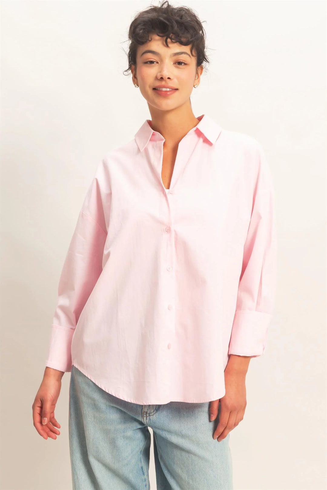 Light pink Button Up Poplin Shirt, 100% cotton, sleeves rolled up. Available in 3 colors and multiple sizes.