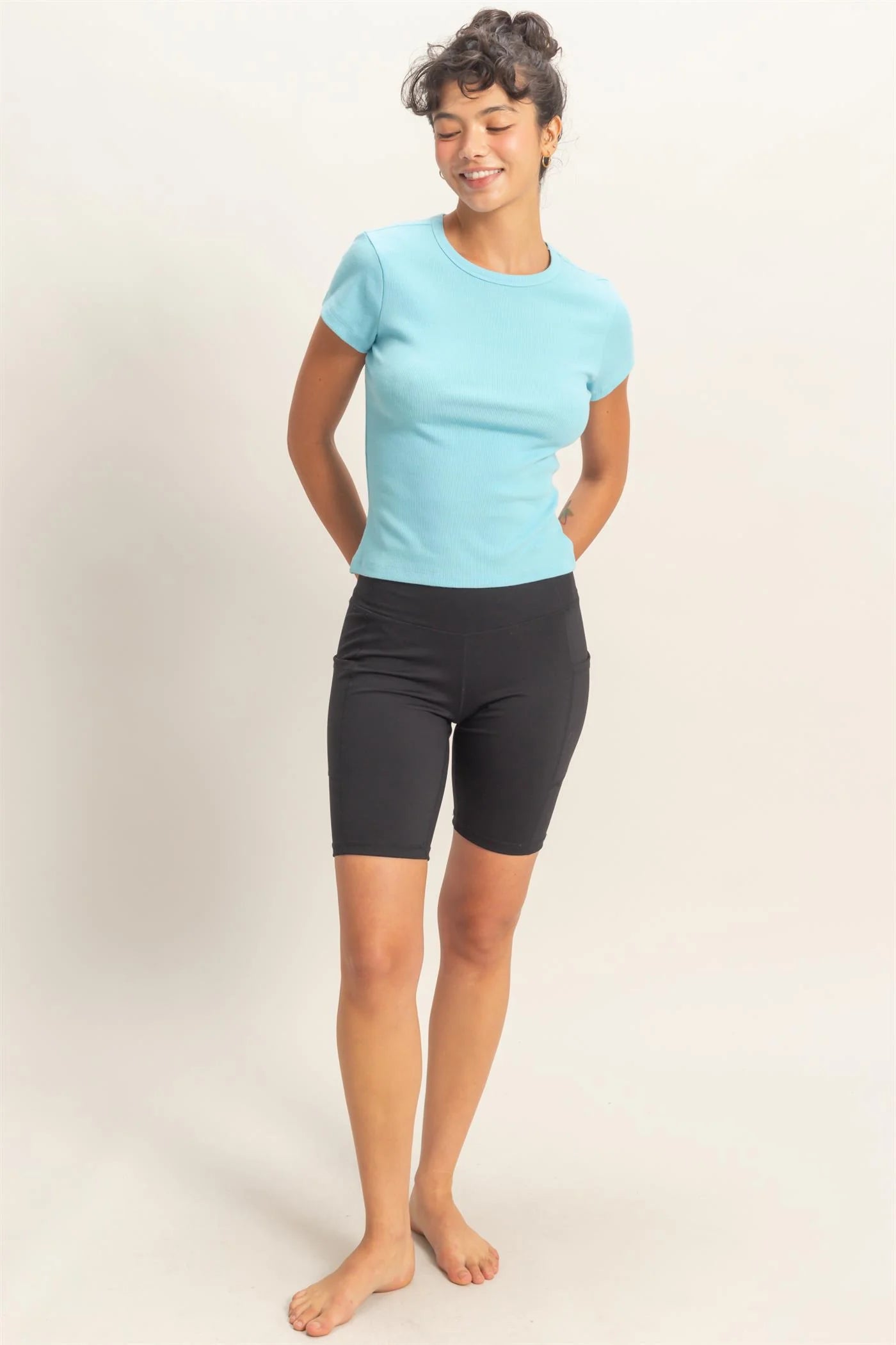 Basic Ribbed Short Sleeve Top in light blue; available in sizes XS-XL.