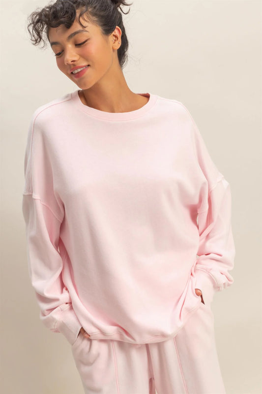 Soft Pink Acid Wash Oversized Sweatshirt, relaxed fit; available in sizes XS–XL.