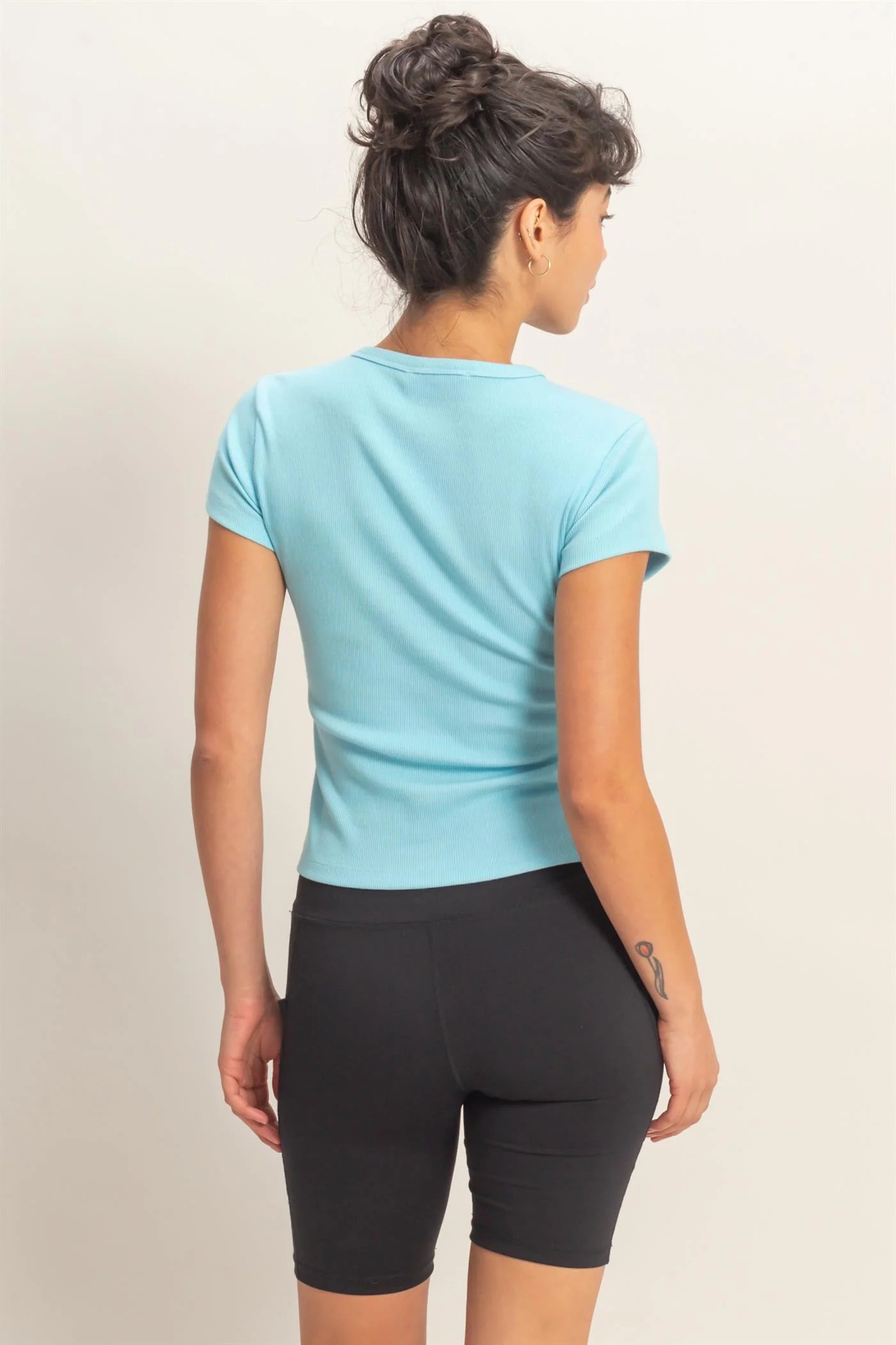 Basic Ribbed Short Sleeve Top in light blue. Available in sizes XS–XL.
