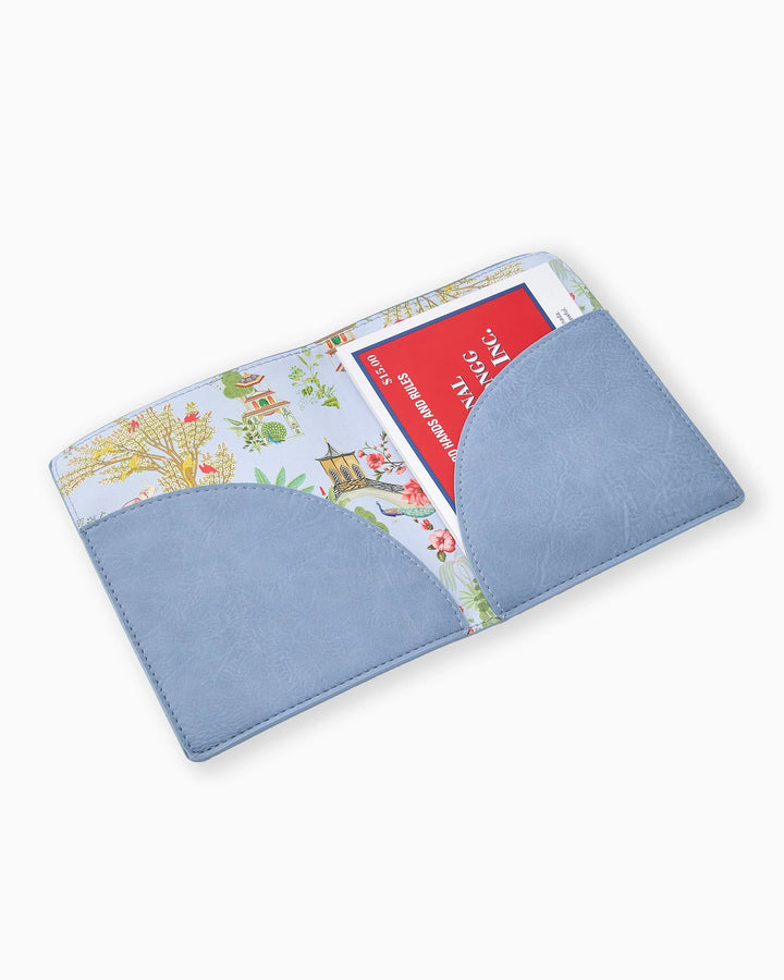 The Periwinkle Mahjong Card Folio features a blue and white pattern, sleek card organizer; available in multiple sizes.