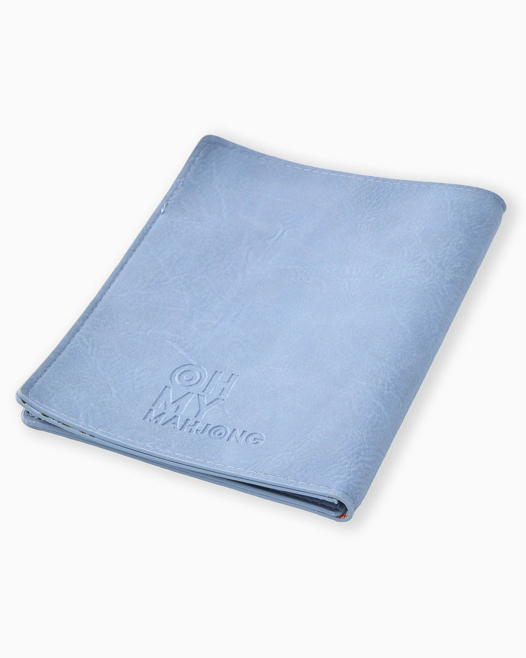 Light blue, leather-textured Mahjong Card Folio with "OH MY MAHJONG" embossed. Available in standard and large sizes.