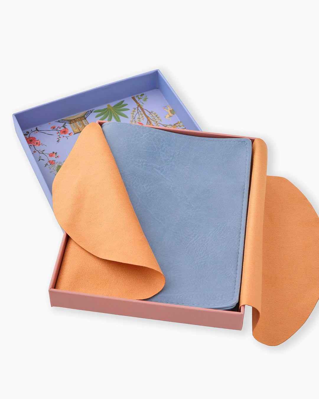 Blue Mahjong card notebook with orange flap in pink box, bird and pagoda lid. Sizes available; secures and organizes cards.