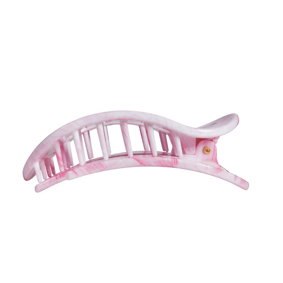 Pink and white marbled Flat Round Hair Clip with curved edges, interlocking teeth; available in multiple sizes.