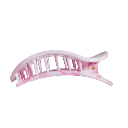 Pink and white marbled Flat Round Hair Clip with curved edges, interlocking teeth; available in multiple sizes.