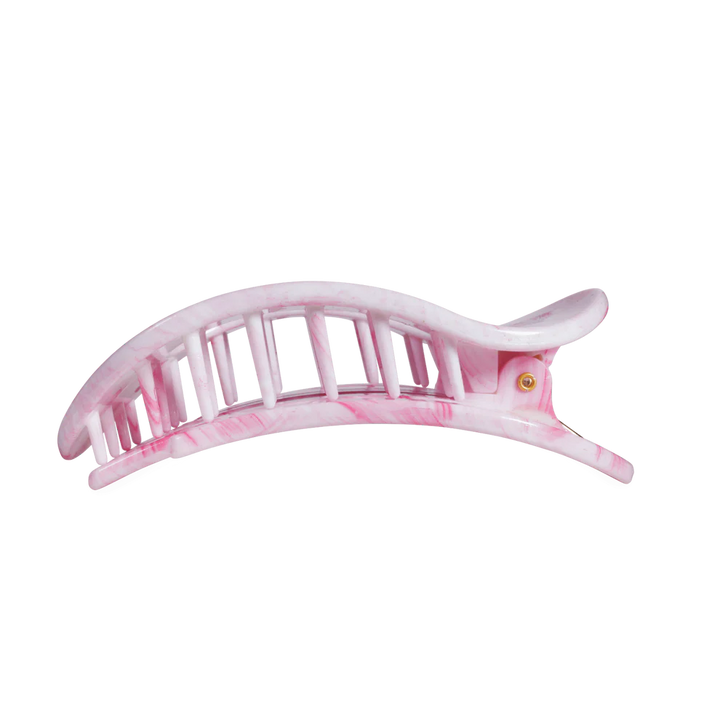 Pink and white marbled Flat Round Hair Clip with curved edges, interlocking teeth; available in multiple sizes.