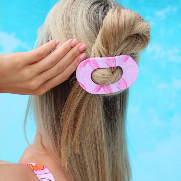 Flat Round Hair Clip | Summer Tie Dye Edition in pink, available in small and large sizes.
