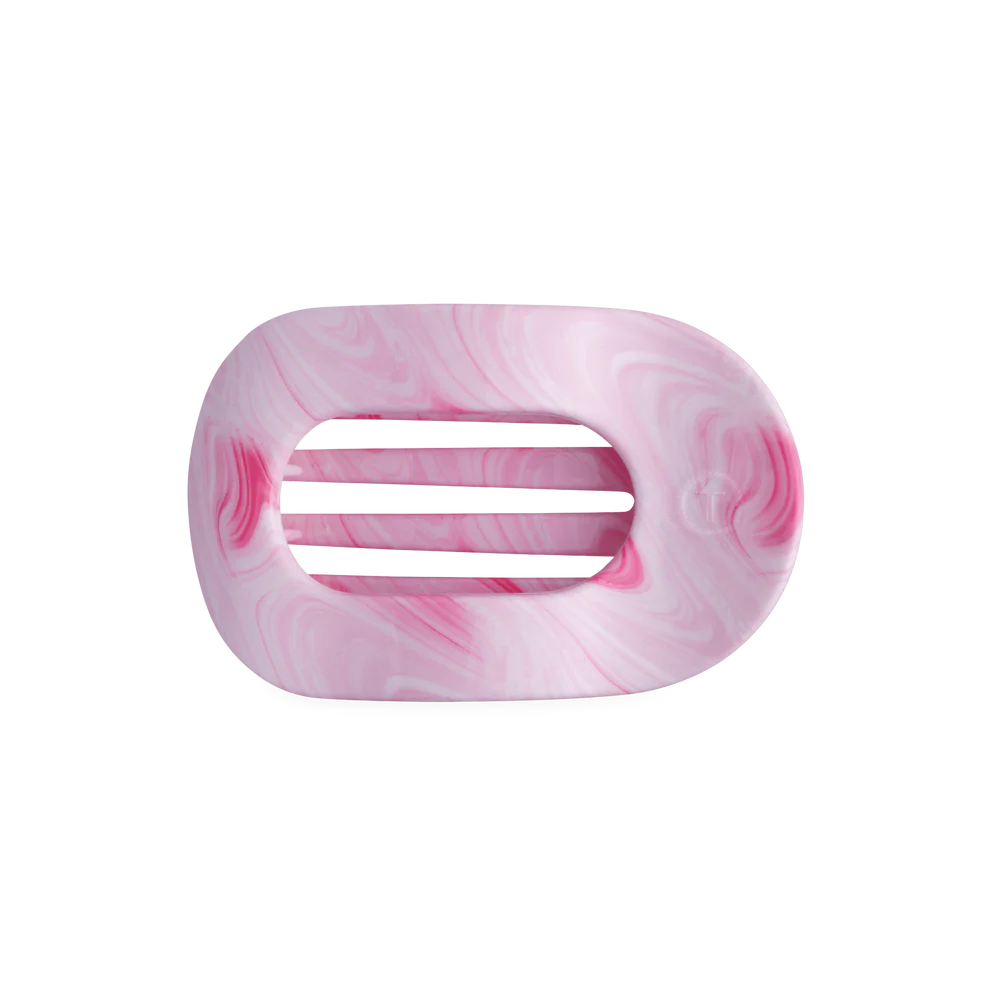 Rectangular hair clip with rounded edges, pink and white tie dye, three horizontal grip slits. Sizes: mini, medium, large.