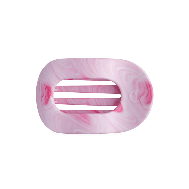 Rectangular hair clip with rounded edges, pink and white tie dye, three horizontal grip slits. Sizes: mini, medium, large.