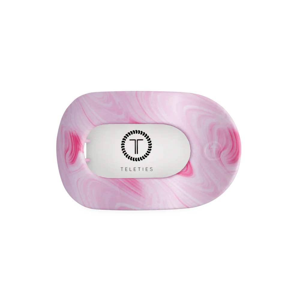 Rectangular pink and white marbled Flat Round Hair Clip | Summer Tie Dye Edition with TELETIES label; available in multiple sizes.