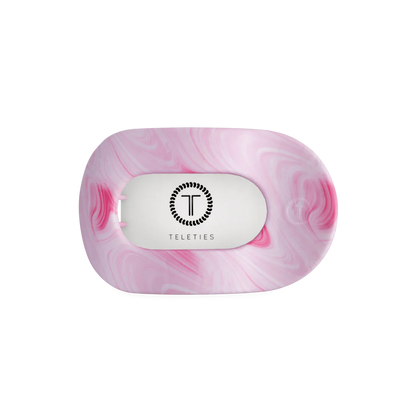 Rectangular pink and white marbled Flat Round Hair Clip | Summer Tie Dye Edition with TELETIES label; available in multiple sizes.
