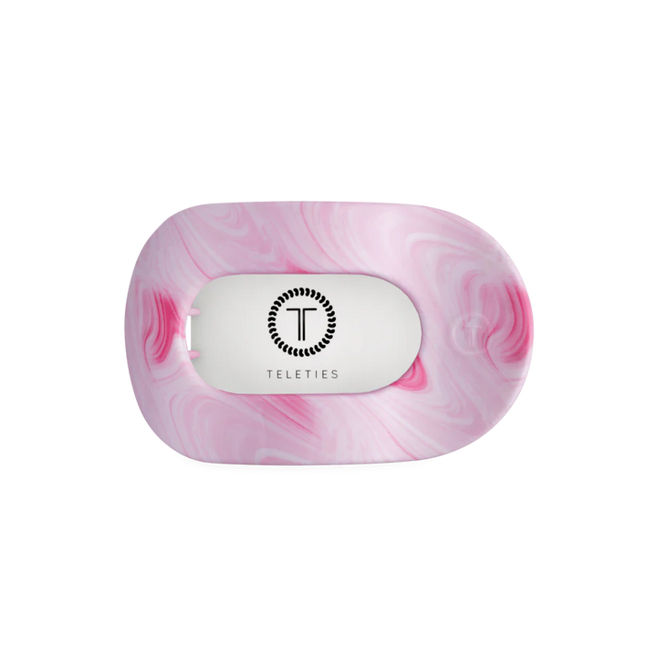 Rectangular pink and white marbled Flat Round Hair Clip | Summer Tie Dye Edition with TELETIES label; available in multiple sizes.