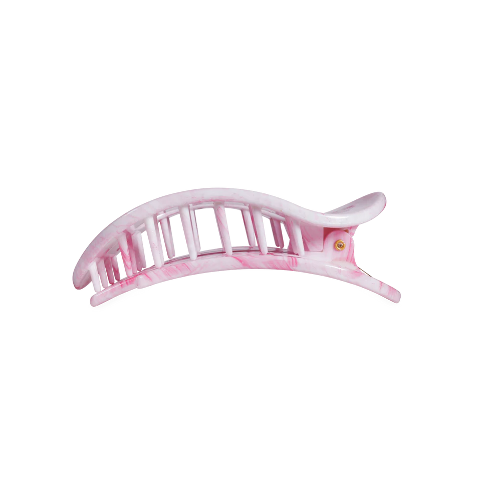 Pink marbled tie dye flat round hair clip with curved shape and interlocking teeth. Available in small and large sizes.