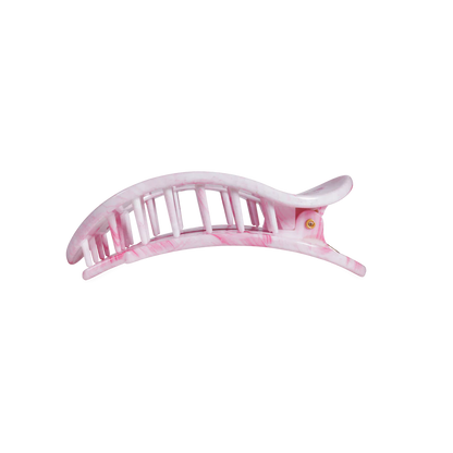 Pink marbled tie dye flat round hair clip with curved shape and interlocking teeth. Available in small and large sizes.