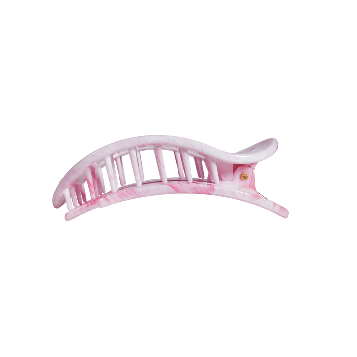 Pink marbled tie dye flat round hair clip with curved shape and interlocking teeth. Available in small and large sizes.