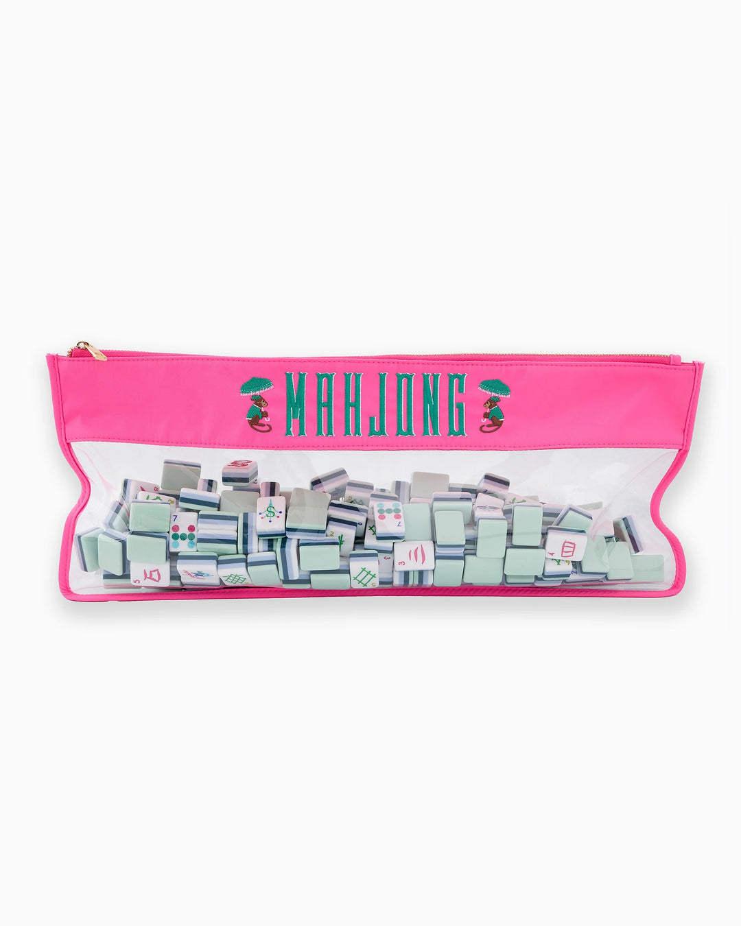 Bright pink mahjong bag with green “MAHJONG” embroidery, two monkeys, zippered closure. Includes full tile set. Sizes: standard.