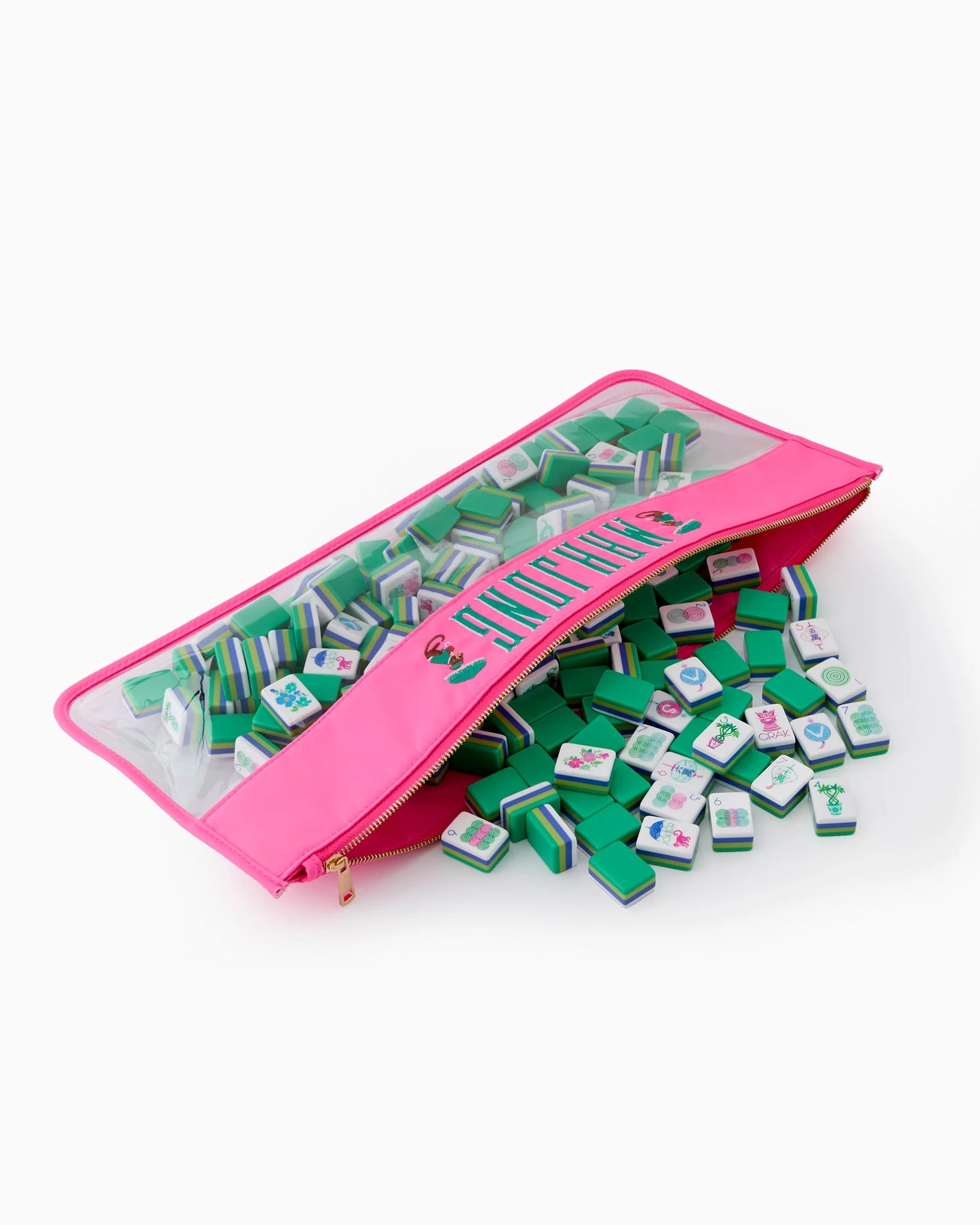 Pink Monkey Mahjong Bag, clear and pink with zipper, compact size. Holds tiles; available in small, medium, and large sizes.