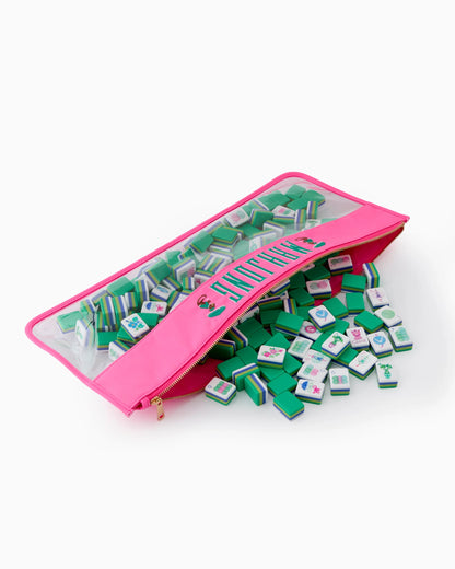 Pink Monkey Mahjong Bag, clear and pink with zipper, compact size. Holds tiles; available in small, medium, and large sizes.