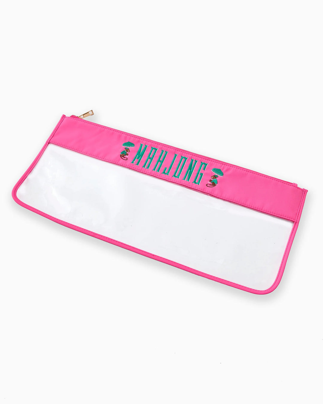 Rectangular Pink Monkey Mahjong Bag with pink border, zipper, clear body, “MAHJONG” text; available in multiple sizes.