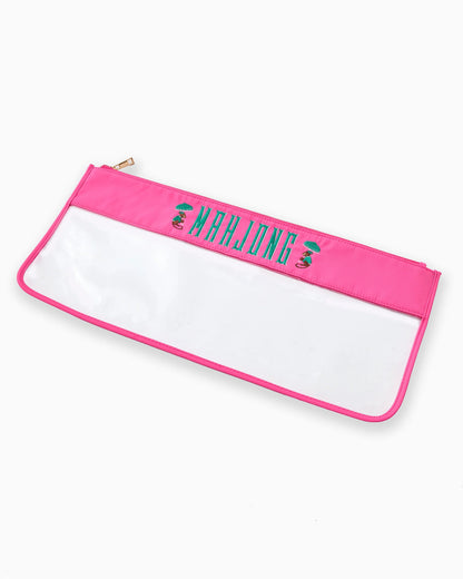 Rectangular Pink Monkey Mahjong Bag with pink border, zipper, clear body, “MAHJONG” text; available in multiple sizes.