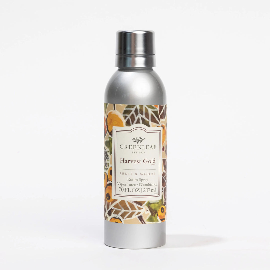 Harvest Gold Room Spray in a silver bottle with colorful label; persimmon scent. Available in 4 oz and 8 oz sizes.