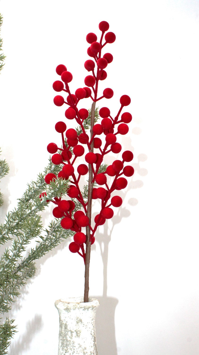 38″ burgundy flocked berry stem with red holiday decor on brown branches.