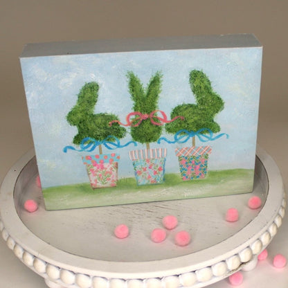 Hand-painted Canvas Table Sign | Bunny Topiary Trio