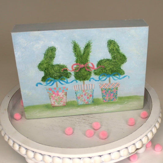 Hand-painted Canvas Table Sign | Bunny Topiary Trio