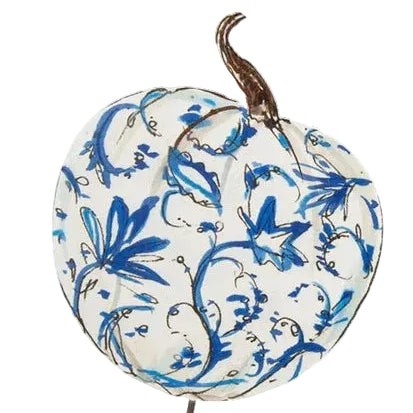 Beck’s Blue &amp; White Pumpkins, a white metal pumpkin with blue floral patterns and a brown stem.