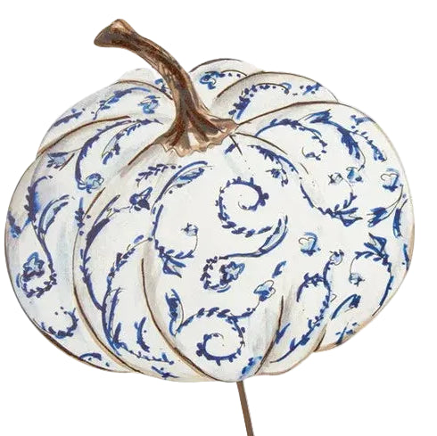 Beck’s Blue &amp; White Pumpkin: white decorative pumpkin with blue floral scroll patterns and a metallic brown stem.