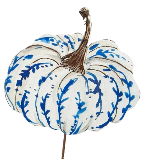 Beck’s Blue &amp; White Pumpkin: white metal pumpkin with hand-painted blue floral patterns and brown stem on a stick.