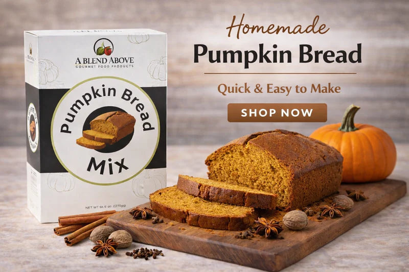 Pumpkin Bread Mix box with text: “Pumpkin Bread Mix—Delicious Homemade Pumpkin Bread That’s Quick & Easy to Make. Perfect for Fall Baking! Shop Now.” Sizes available: 16 oz, 32 oz.