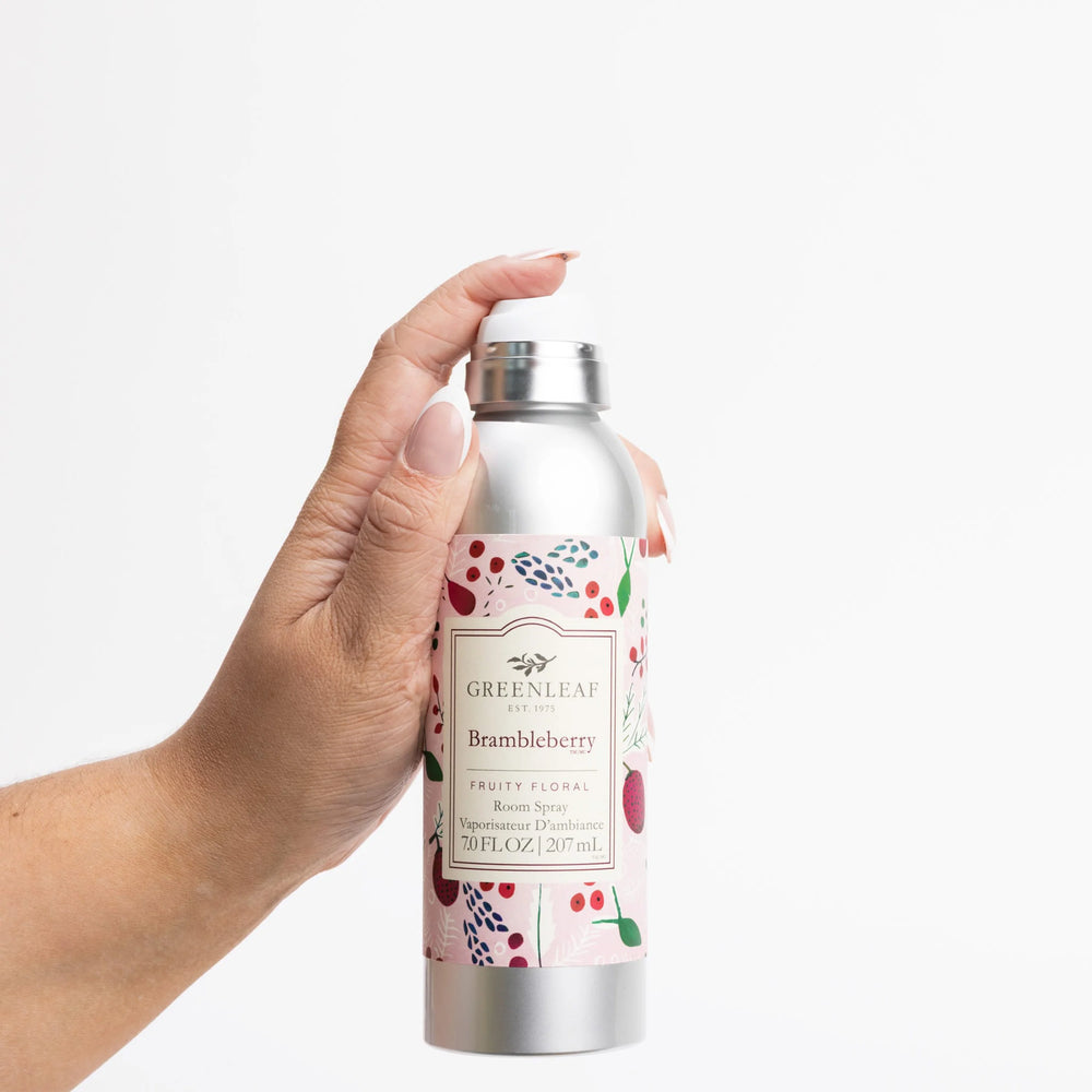 7.0 fluid ounce aluminum Brambleberry Room Spray bottle with berry and foliage illustrations.