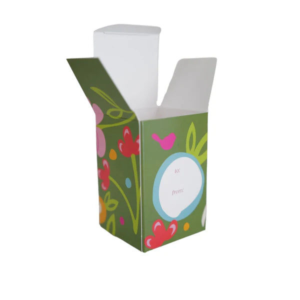 Green Nora Fleming gift box with floral and leaf designs, blue circle label, white flaps. Sizes available: Small, Medium, Large.