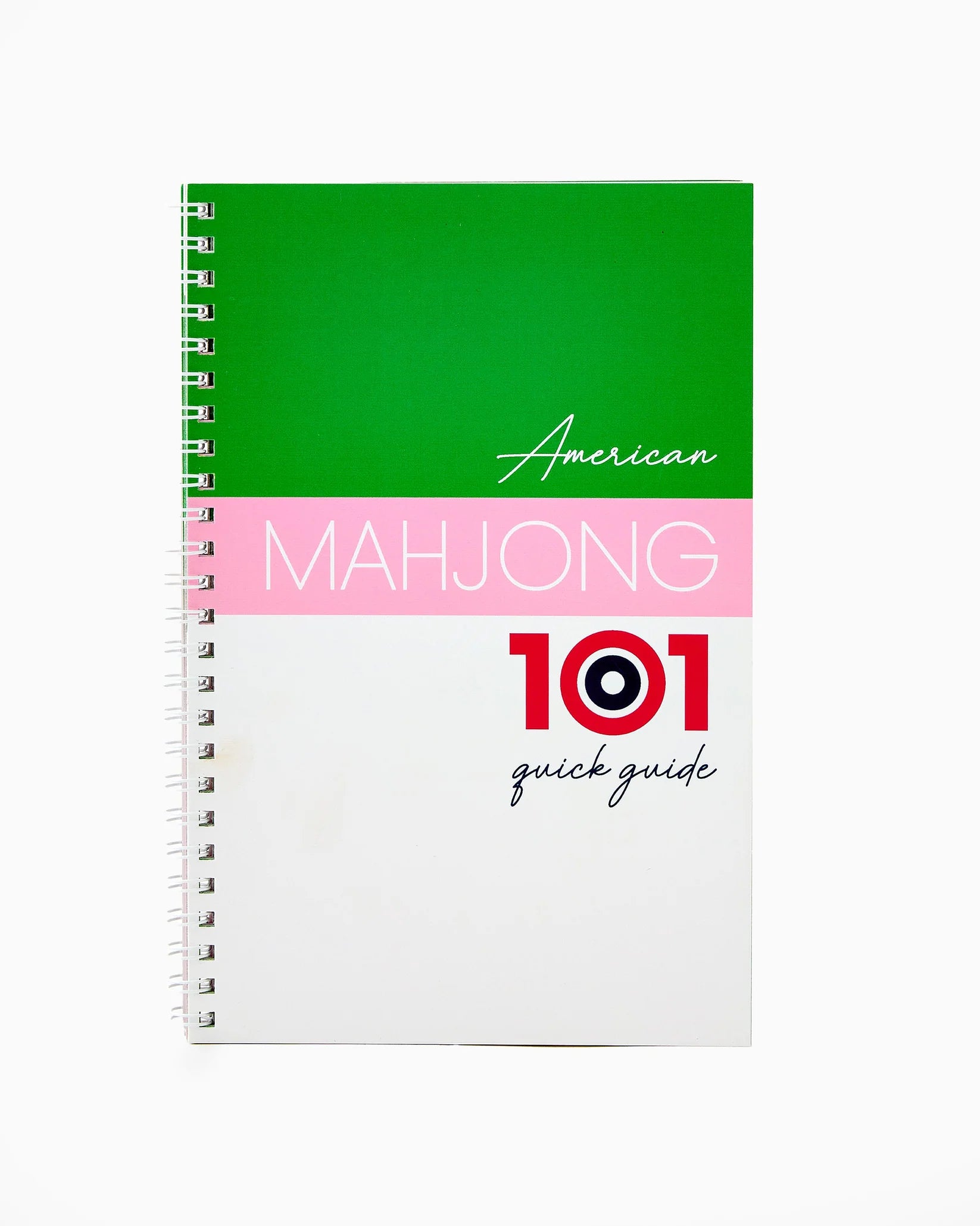 Spiral-bound "Quick Start Guide to Mahjong 101" book with green, pink, white cover; available in standard paperback size.