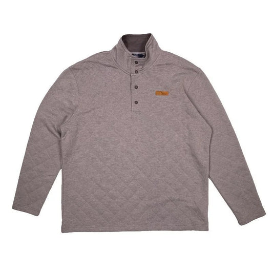 A gray, long-sleeved Men's Quilted Pullover with a partial zip front and a small brown label on the chest, displayed against a white background.