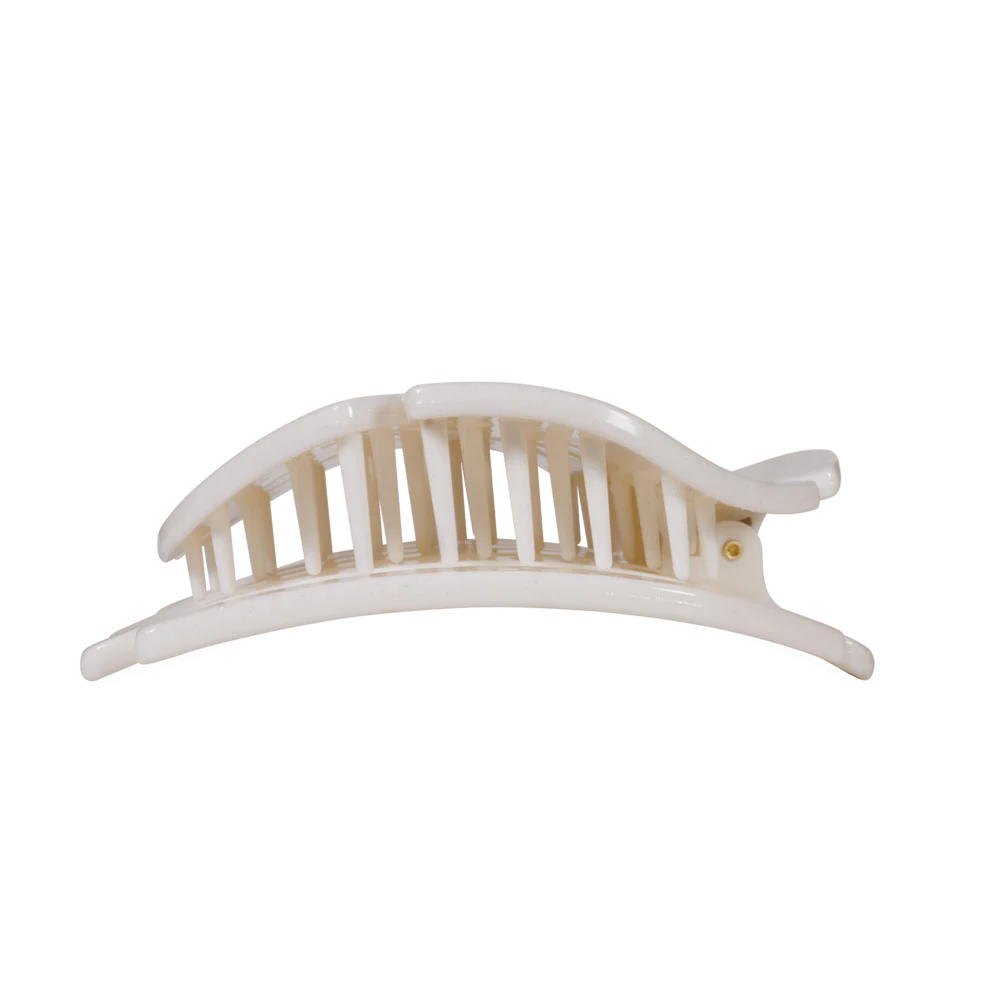 White plastic Sand Dollar Flat Hair Clip with curved design and interlocking teeth; available in small, medium, and large sizes.