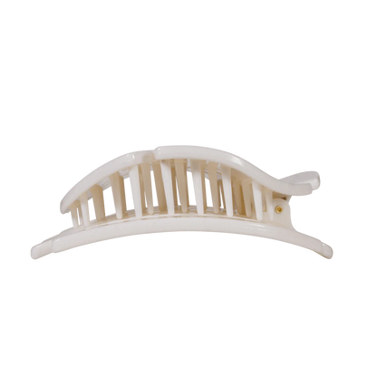 White plastic Sand Dollar Flat Hair Clip with curved design and interlocking teeth; available in small, medium, and large sizes.