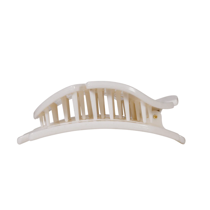 White plastic Sand Dollar Flat Hair Clip with curved design and interlocking teeth; available in small, medium, and large sizes.