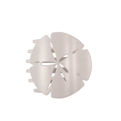 White plastic Sand Dollar Flat Hair Clip with flower-inspired cutout design; available in small, medium, and large sizes.