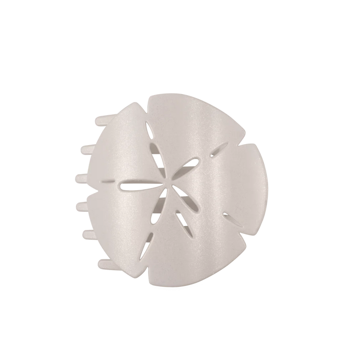White plastic Sand Dollar Flat Hair Clip with flower-inspired cutout design; available in small, medium, and large sizes.