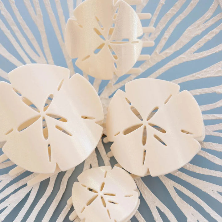 Sand Dollar Flat Hair Clip shown; available in small, medium, and large sizes; features a smooth white sand dollar design.