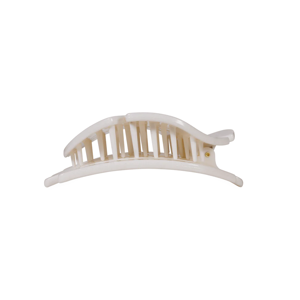 White plastic Sand Dollar Flat Hair Clip with curved, vented design. Available in small, medium, and large sizes.