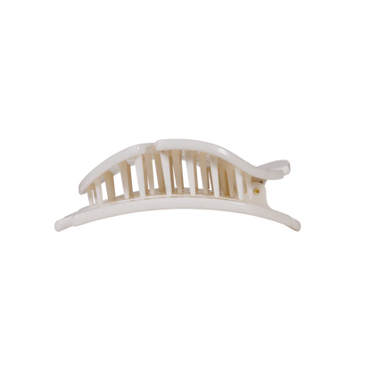 White plastic Sand Dollar Flat Hair Clip with curved, vented design. Available in small, medium, and large sizes.