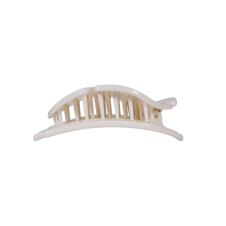 White plastic Sand Dollar Flat Hair Clip with curved, vented design. Available in small, medium, and large sizes.
