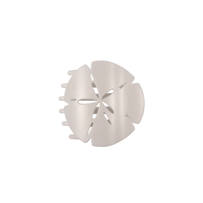 White, semi-circular Sand Dollar Flat Hair Clip with matte finish and petal cutouts. Available in small and large sizes.