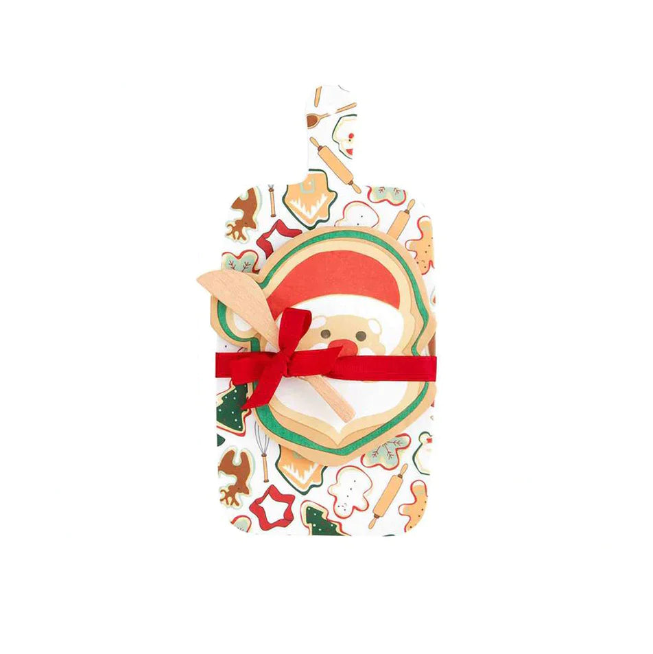 Christmas Melamine Board and Napkin Set with a shatterproof rectangular melamine serving board featuring holiday cookie icons.