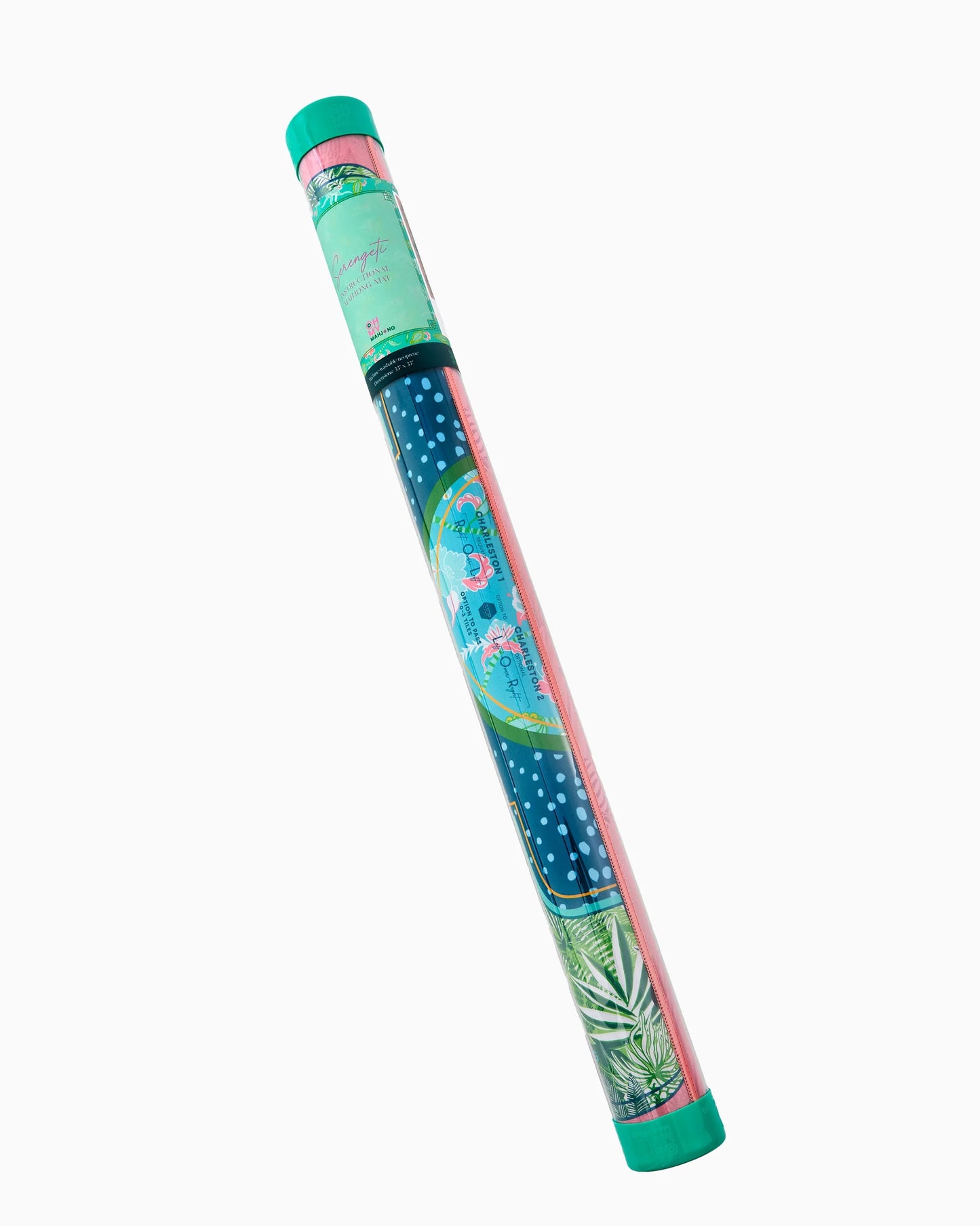 Serengeti Mat in Tube: rolled yoga mat with green, blue, and pink tropical leaf design. Available sizes: 68", 72".