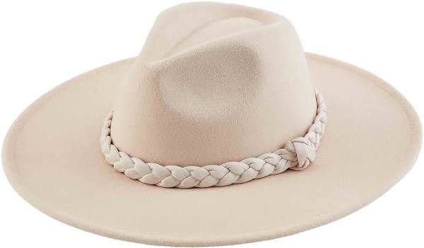 Light beige wide-brimmed felt fedora with faux leather braided band. Available sizes: S, M, L.